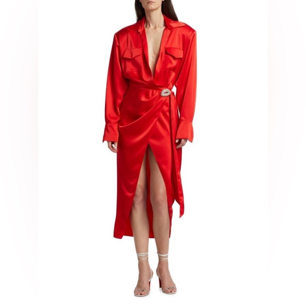 David Koma Red Satin Crystal-Lip Midi Dress | NWT | UK 12 (US 8–10)